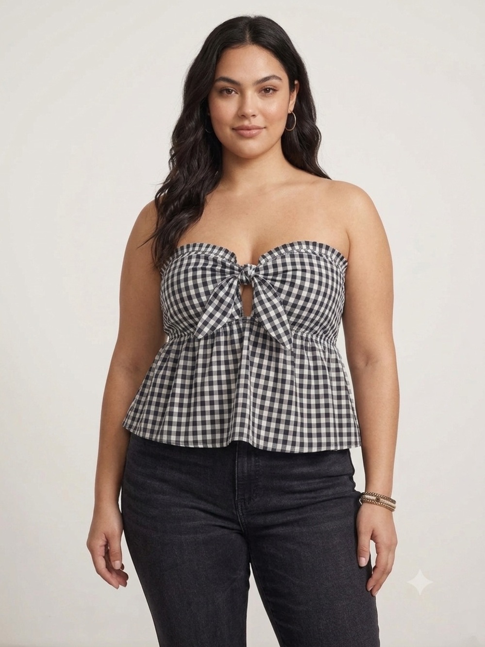Who's That Girl Black White Gingham Plaid Strapless Peplum Bow Tube Top XL